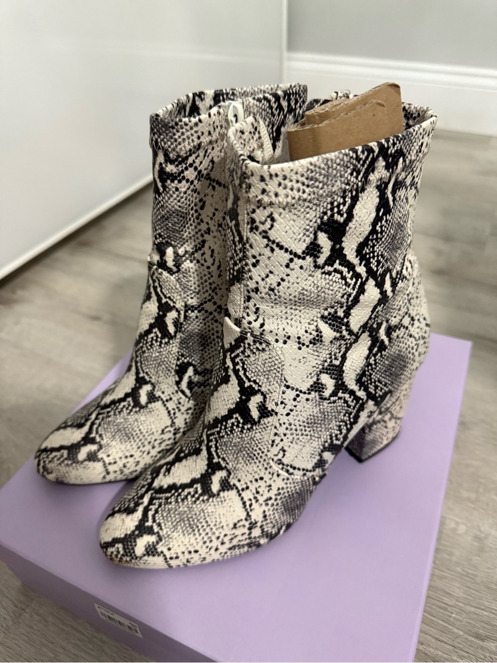 Madden Girl Snake-Print Block Heel Ankle Boots - White/Black